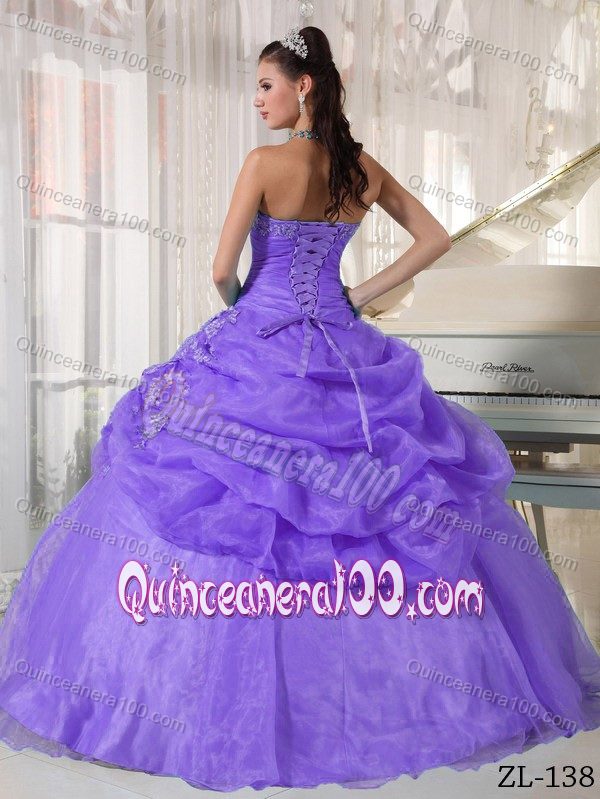 Lavender Strapless Appliqued Sweet 15 Dresses with Pick Ups