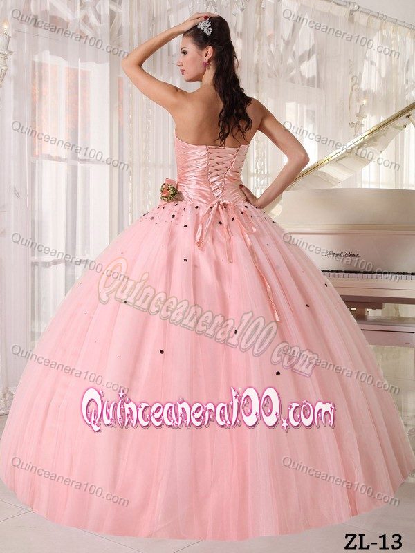 Ruched Beaded Pink Ball Gown Sweet 16 Dresses with Flower