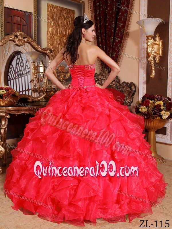 Red Sweetheart Quinceanera Dress in with Beading and Ruffles