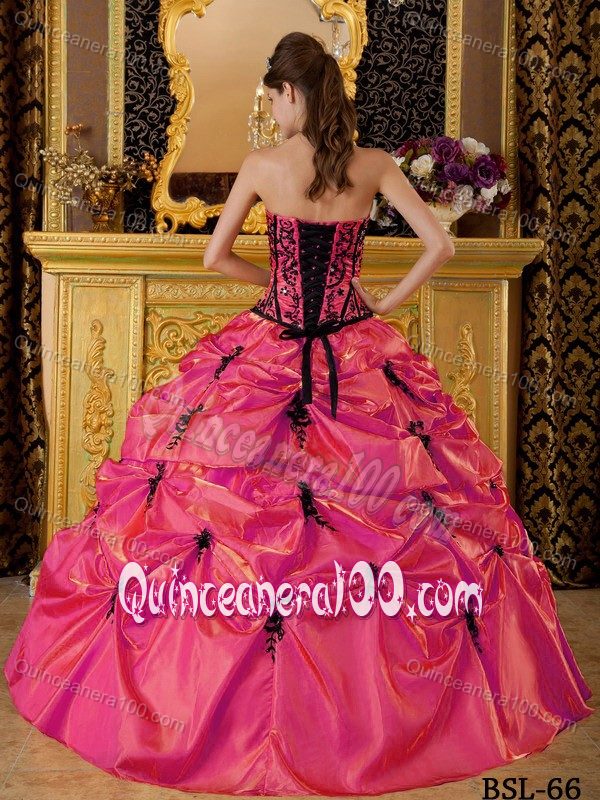 Coral Red Taffeta Quince Dress with Embroidery and Appliques