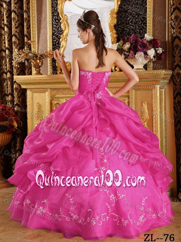 Hot Pink Organza Quinceanera Gown Dress with Embroidery and Pick-ups