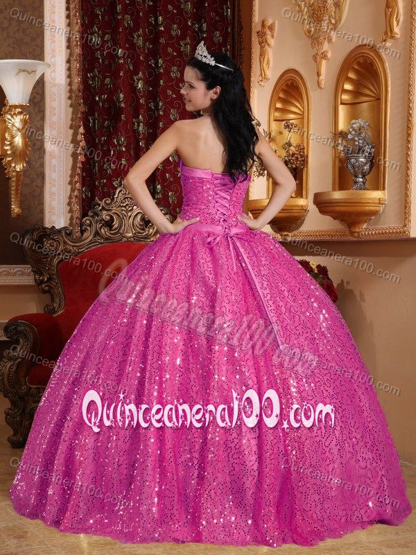 Hot Pink Sweetheart Quinceanera Dress by Sequined Fabric with Beads