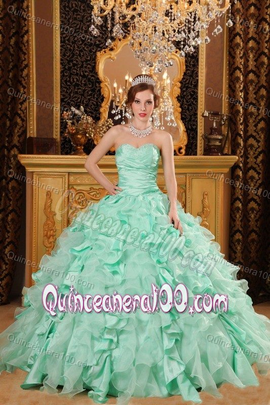 Apple Green Sweetheart Quinceanera Gown with Ruches and Ruffled Skirt