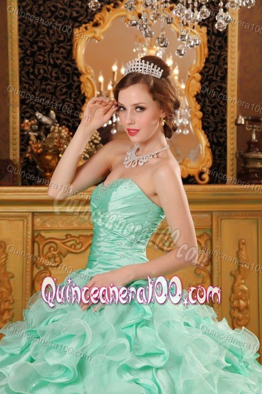 Apple Green Sweetheart Quinceanera Gown with Ruches and Ruffled Skirt