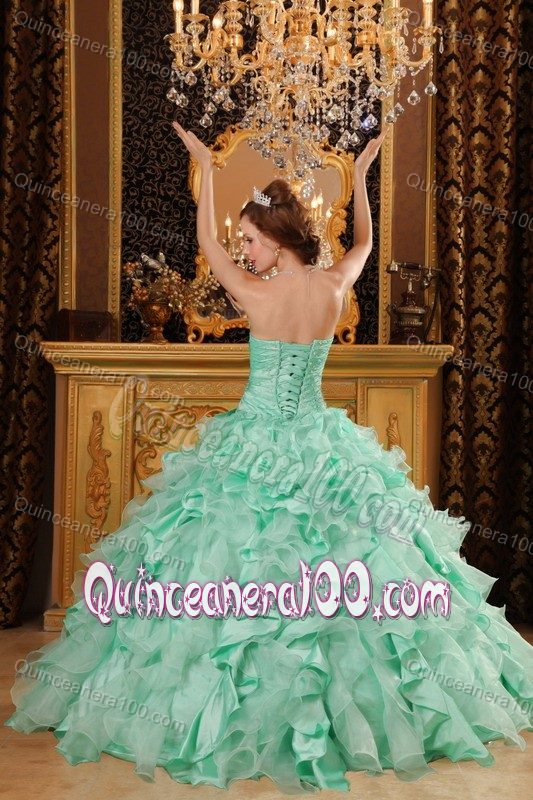 Apple Green Sweetheart Quinceanera Gown with Ruches and Ruffled Skirt