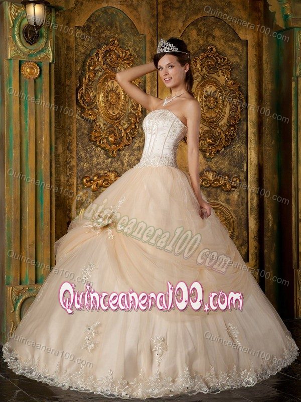 Champagne Quinceanera Gown by Tulle with Appliques and Flower