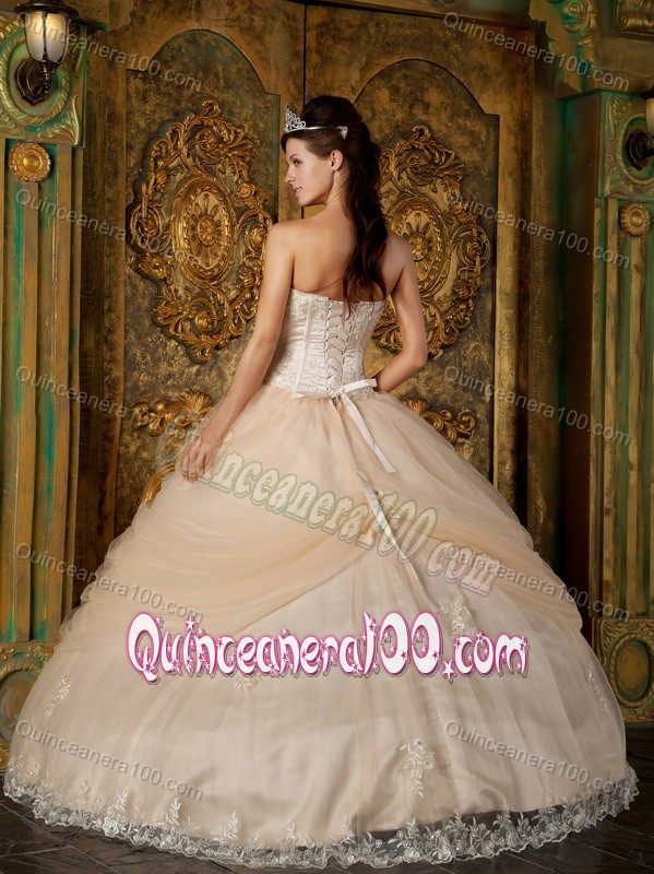 Champagne Quinceanera Gown by Tulle with Appliques and Flower