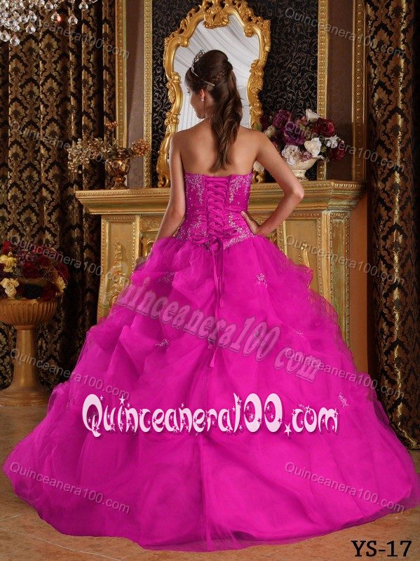 Fuchsia Quinceanera Dress by Tulle with Pick-ups and Applique on Sale