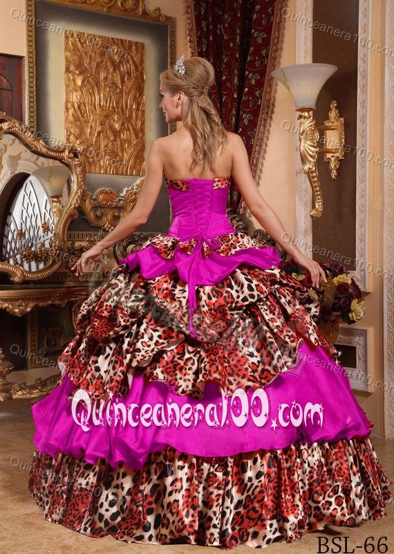 Fuchsia Strapless Sweet 16 Dresses with Layers by Leopard Print Fabric