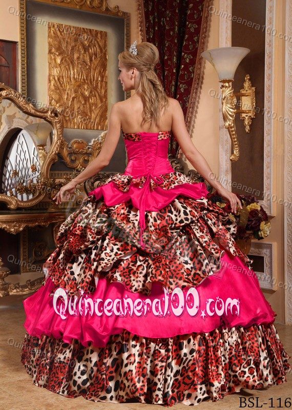 Dress For Quince by Coral Red and Leopard Print Fabric with Strapless Neck