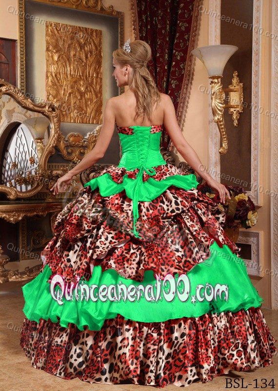 Green Leopard Print Sweet Sixteen Quinceanera Dresses with Pick-ups