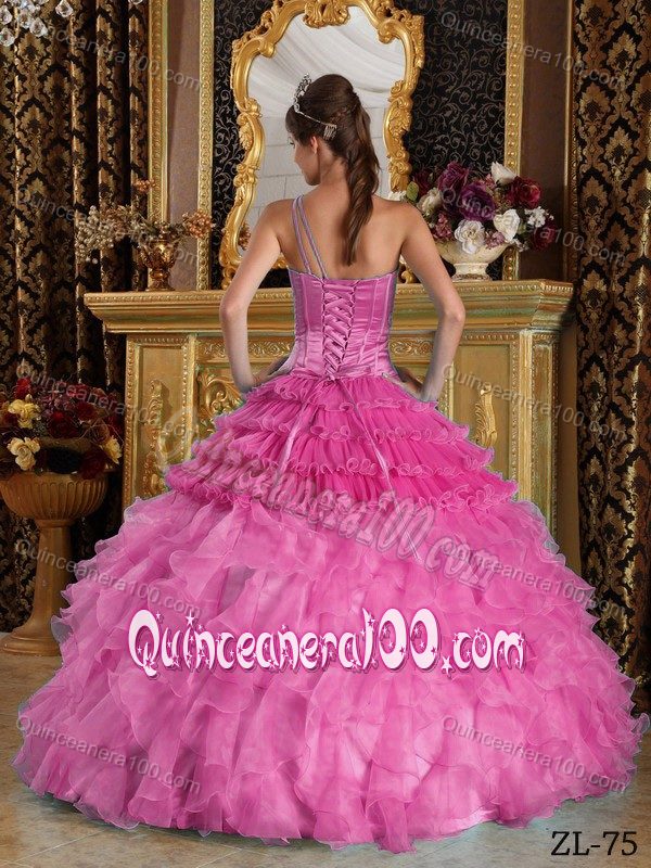 Hot Pink One Shoulder Quinceanera Dress with Beading and Ruffled Skirt