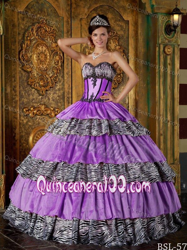 Zebra Print Quinceanera Gown Dress with Boning details and Layered Skirt Quinceanera 100