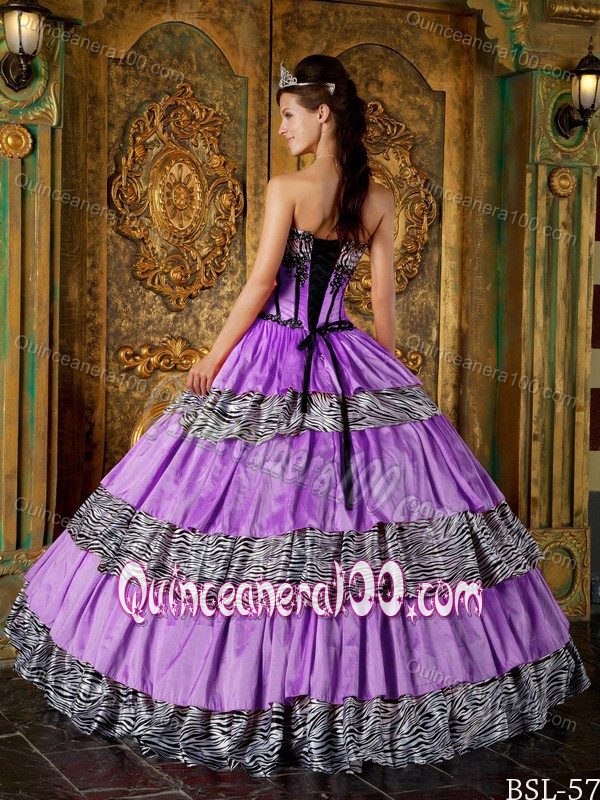 Zebra Print Quinceanera Gown Dress with Boning details and Layered Skirt