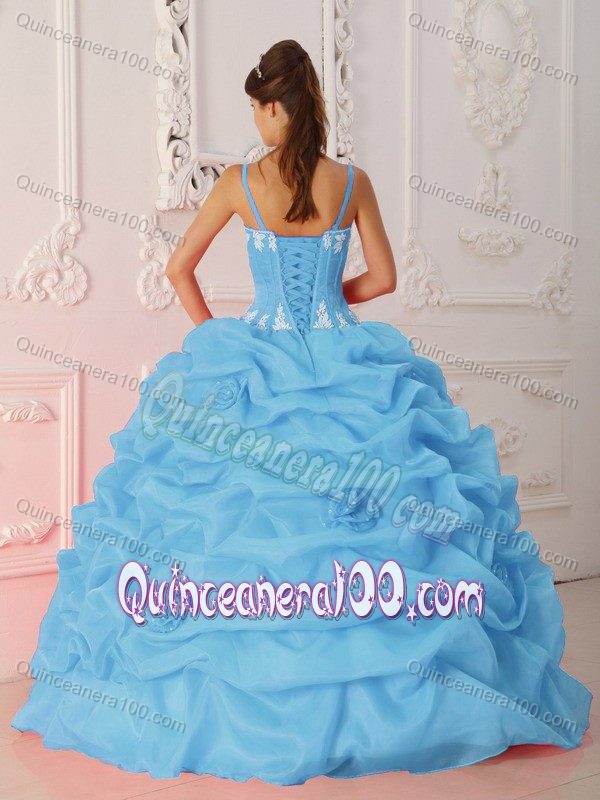 Baby Blue Quinceanera Gown Dress with Spaghetti Straps and Appliques