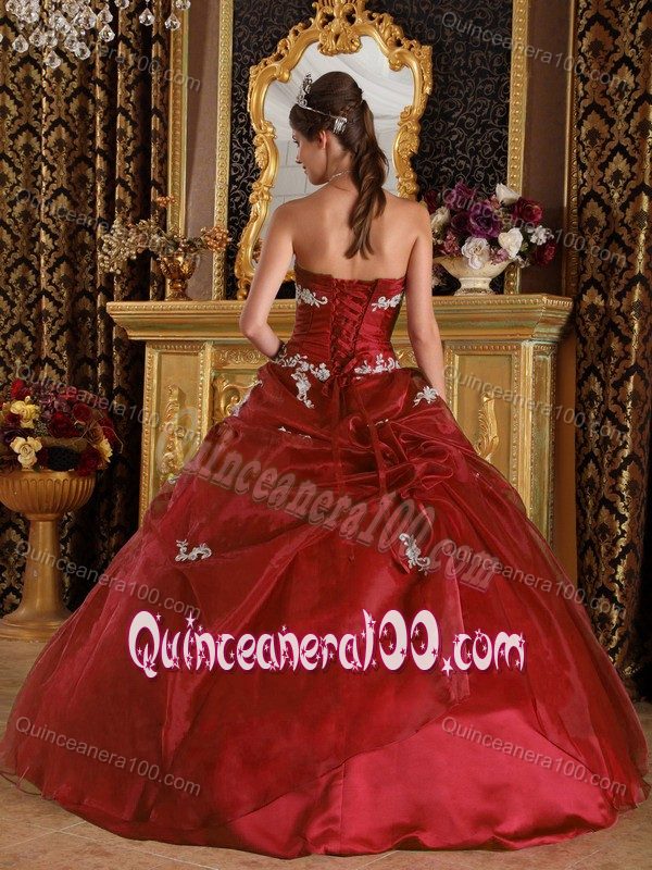 Wine Red Strapless Organza and Satin Quinceanera Dress with Appliques