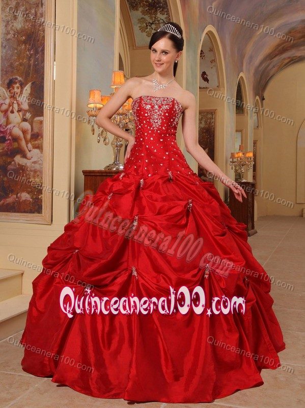 Red Taffeta Beading and Embroidery Quinceanera Dress with Strapless Neck