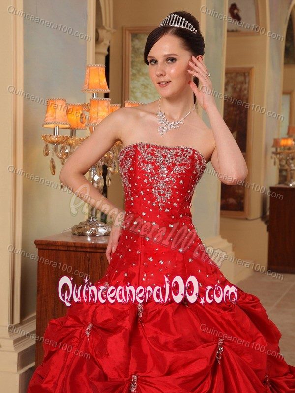 Red Taffeta Beading and Embroidery Quinceanera Dress with Strapless Neck