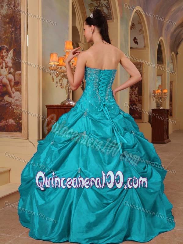 Turquoise Sweet 16 Dresses with Beaded Decorate Bodice and and Pick Ups