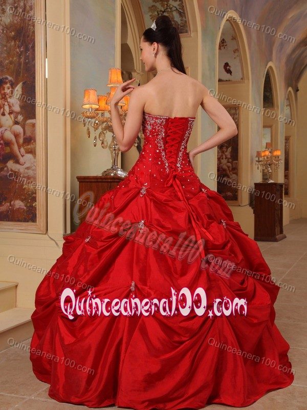 Red Taffeta Beading and Embroidery Quinceanera Dress with Strapless Neck