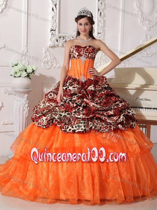 Orange Leopard Print Sweet 16 Quince Dresses with Sweep / Brush Train