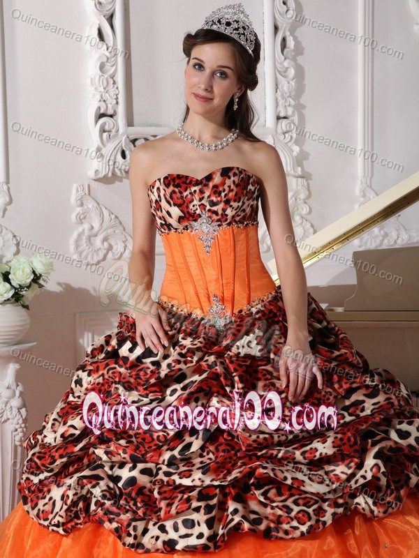 Orange Leopard Print Sweet 16 Quince Dresses with Sweep / Brush Train