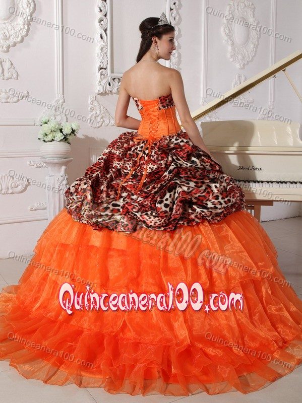 Orange Leopard Print Sweet 16 Quince Dresses with Sweep / Brush Train