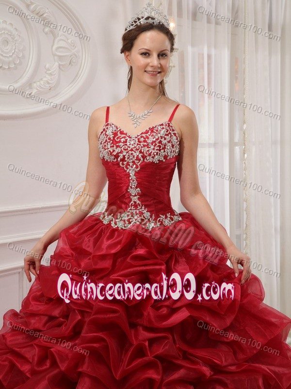 Wine Red Quinceanera Gown Dress with Spaghetti Straps and Court Train