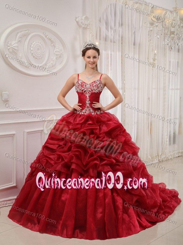 Wine Red Quinceanera Gown Dress with Spaghetti Straps and Court Train