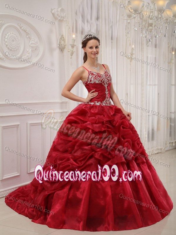 Wine Red Quinceanera Gown Dress with Spaghetti Straps and Court Train