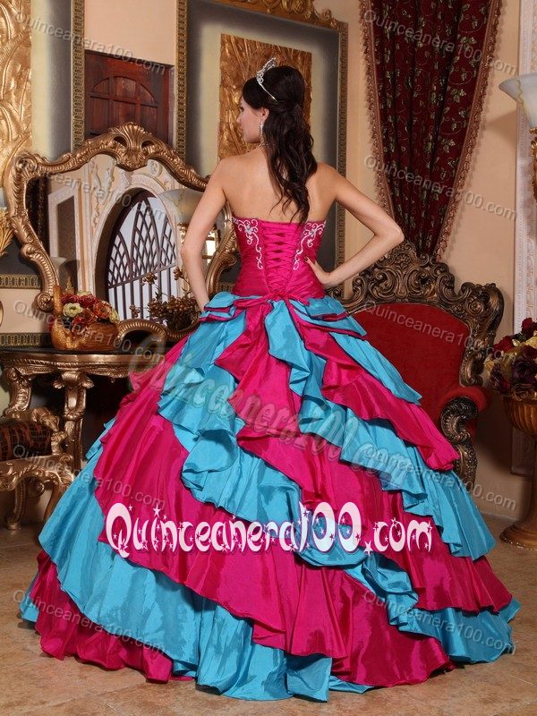 Aqua Blue and Red Dress For Quince with Embroidery and Ruffled Layers