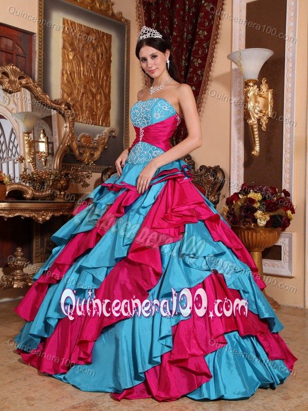 Aqua Blue and Red Dress For Quince with Embroidery and Ruffled Layers