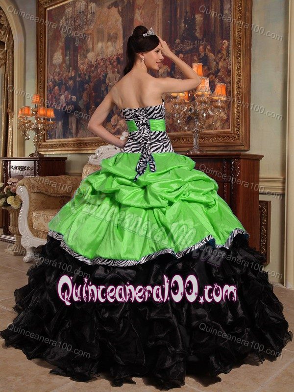 Green and Black Zebra Print Dress for Quince with Sash and Ruffled Skirt