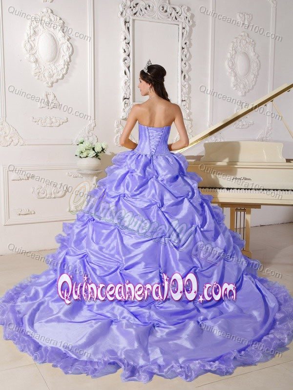 Lilac Strapless Quinceanera Dress by Taffeta with Beading and Chapel Train