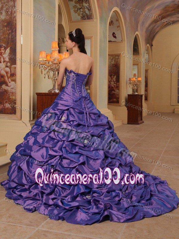 Purple Strapless Quinceanera Dress by Taffeta with Pick-ups and Court Train