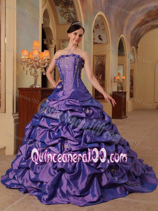 Purple Strapless Quinceanera Dress by Taffeta with Pick-ups and Court Train