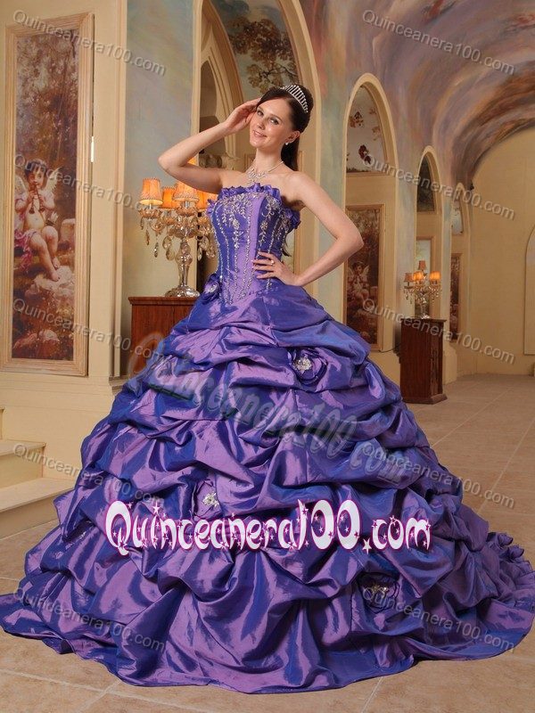 Purple Strapless Quinceanera Dress by Taffeta with Pick-ups and Court Train