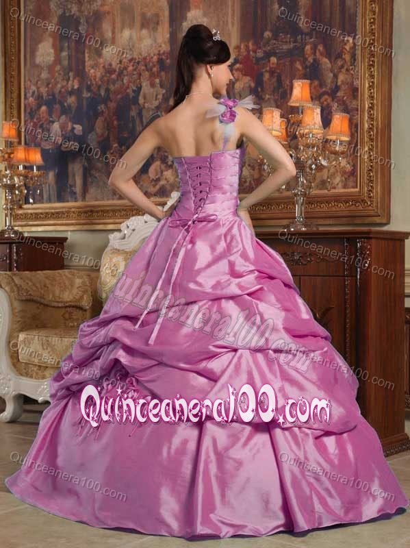 Fuchsia One Shoulder Quinceanera Dress by Taffeta with Handmade Flowers