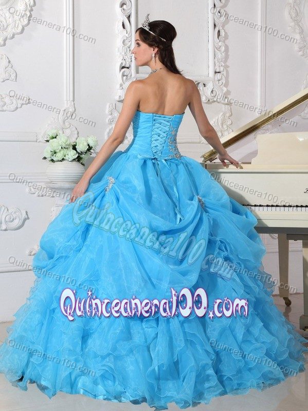 Aqua Blue Strapless Quinceanera Dress with Appliques and Ruffles for 2013