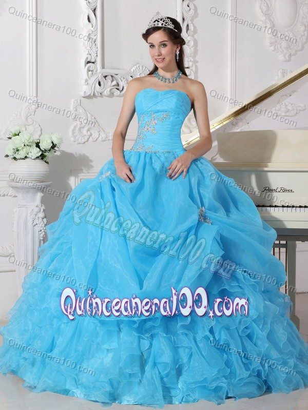 Aqua Blue Strapless Quinceanera Dress with Appliques and Ruffles for 2013