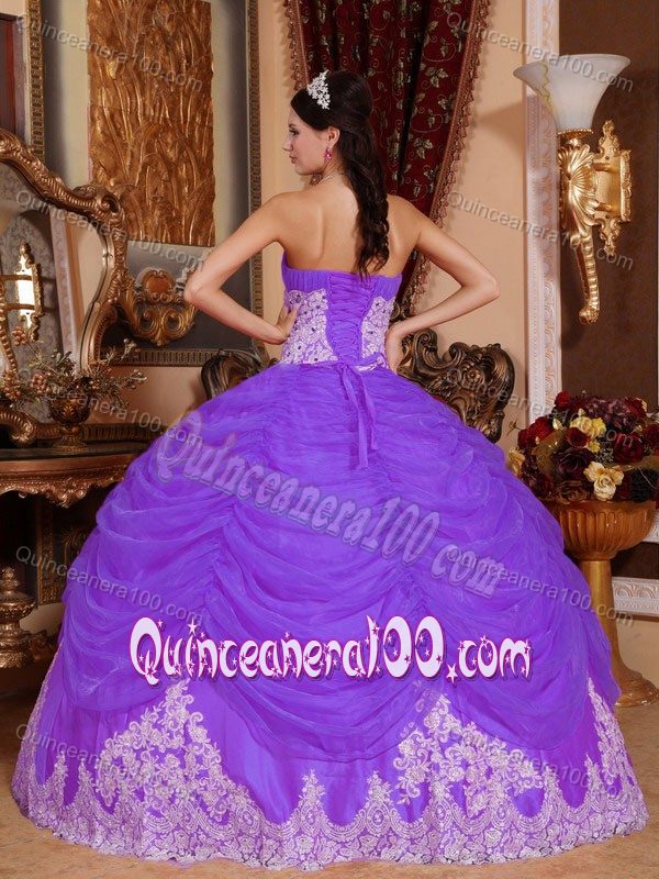 Purple Strapless Quinceanera Gown with Ruffled Layered Skirt and Appliques