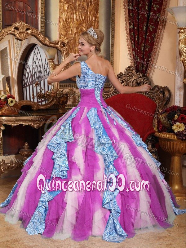 Multi-color Zebra Print Decorated Quinceanera Dress with One Shoulder Neck