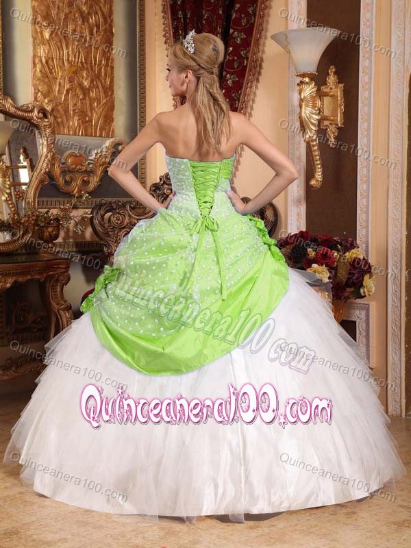 Spring Green and White Quinceanera Gown Dress with Handmade Flowers