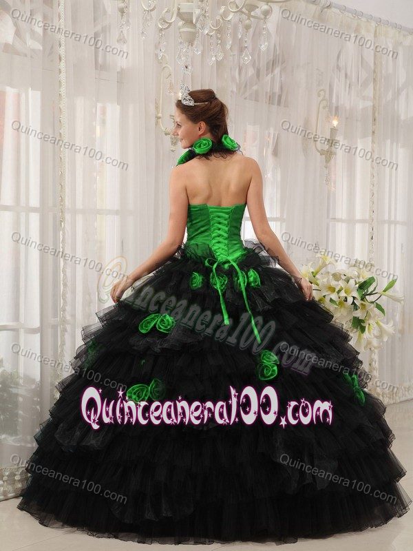 Green and Black Quinceanera Dress with Halter Top Neckline and Ruffled Skirt