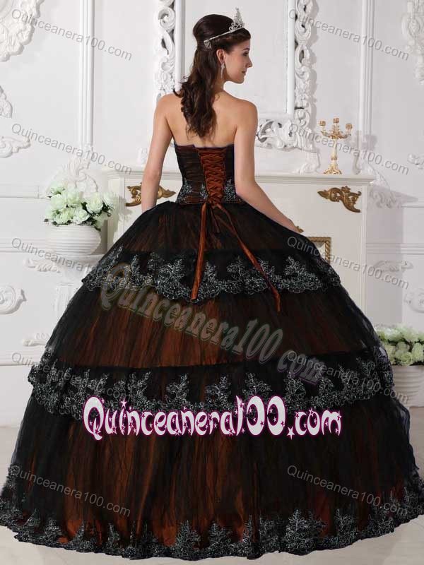 Brown Strapless Taffeta Quinceanera Dress with Black Tulle Overlay