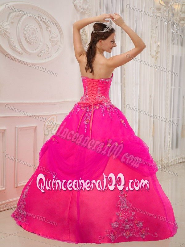 Hot Pink Quinceanera Dress with Strapless Neckline and Layered Skirt