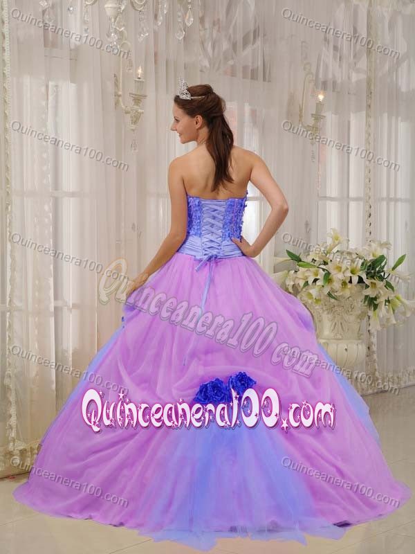 Lilac and Lavender Quinceanera Dress with Sash and Handmade Flowers