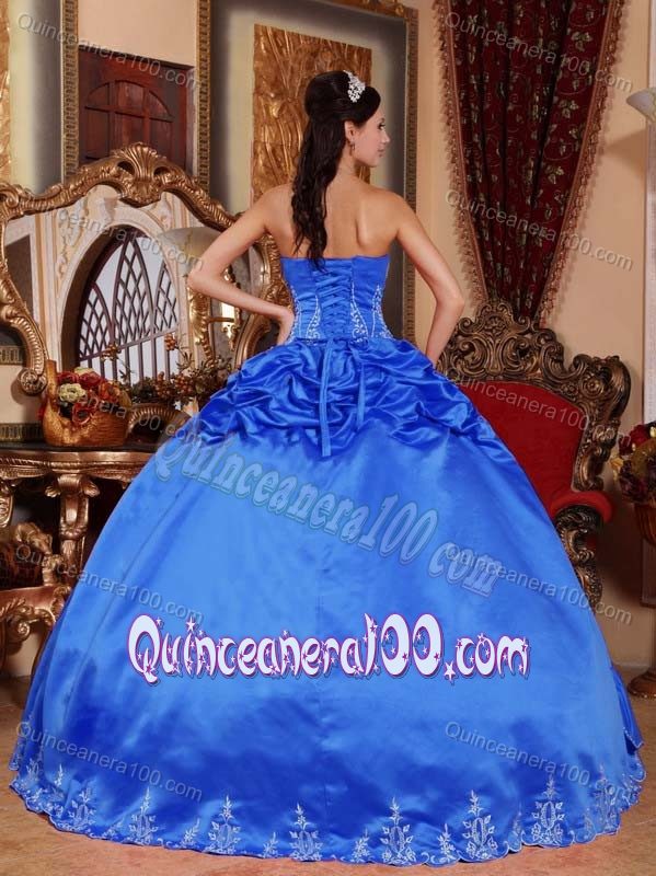 Blue Taffeta Quinceanera Dress with Embroidery and Asymmetrical Ruffles