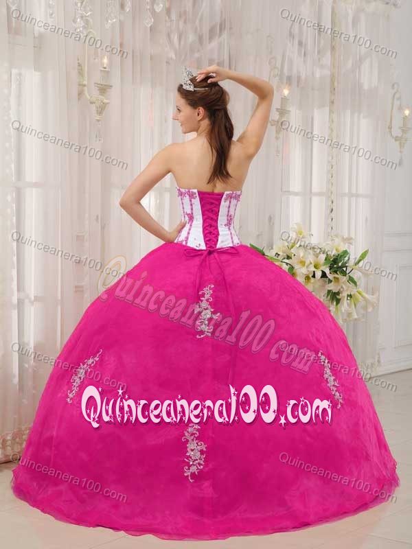 White and Hot Pink Sweetheart Sweet Sixteen Dresses with Appliques