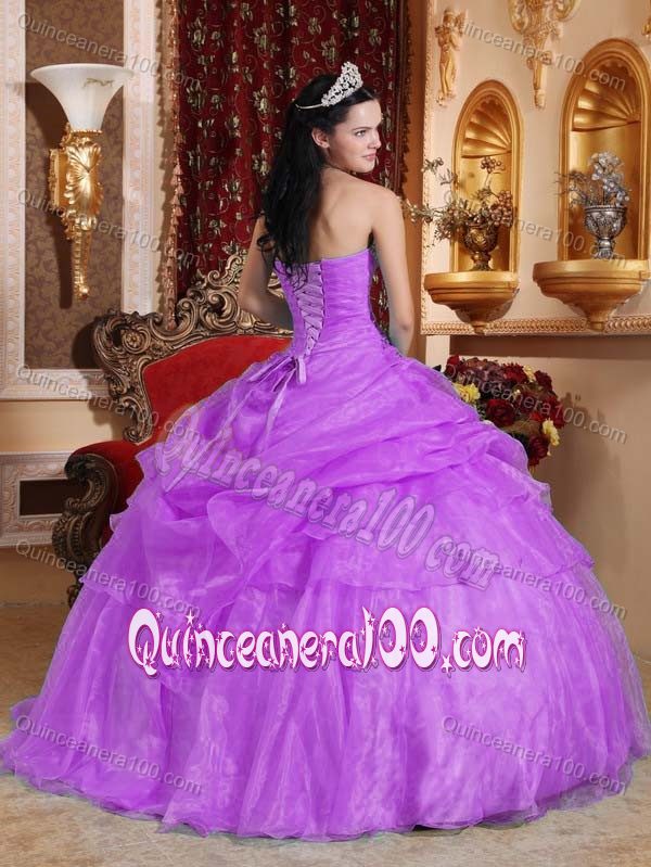 Purple Strapless Quinceanera Dress by Organza with Appliques and Beading